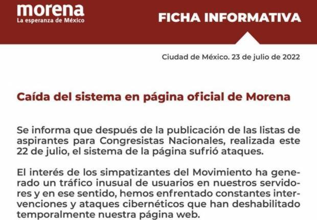 Morena sospecha de ataques cibernéticos, tras caída de su página -  ContraRéplica - Noticias