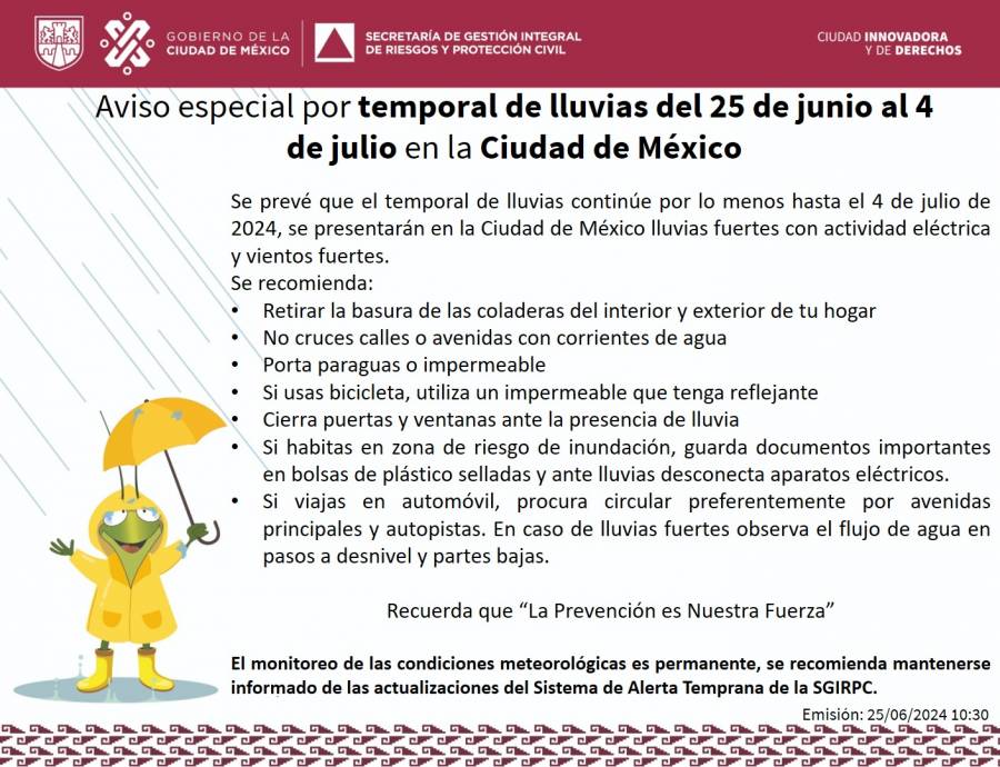 Continúa la temporada de lluvias en la CDMX hasta el 4 de julio: SGIRPC  