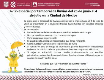 Continúa la temporada de lluvias en la CDMX hasta el 4 de julio: SGIRPC