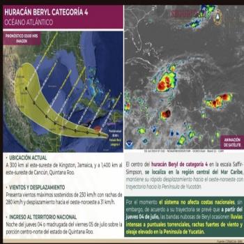 Huracán Beryl entrará entre Tulum y Carrillo Puerto, la noche del 4 de julio o madrugada del 5